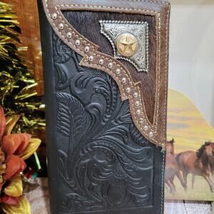 Sheriff Star Western Wallet Genuine Leather Handtooled Checkbook black In Box
